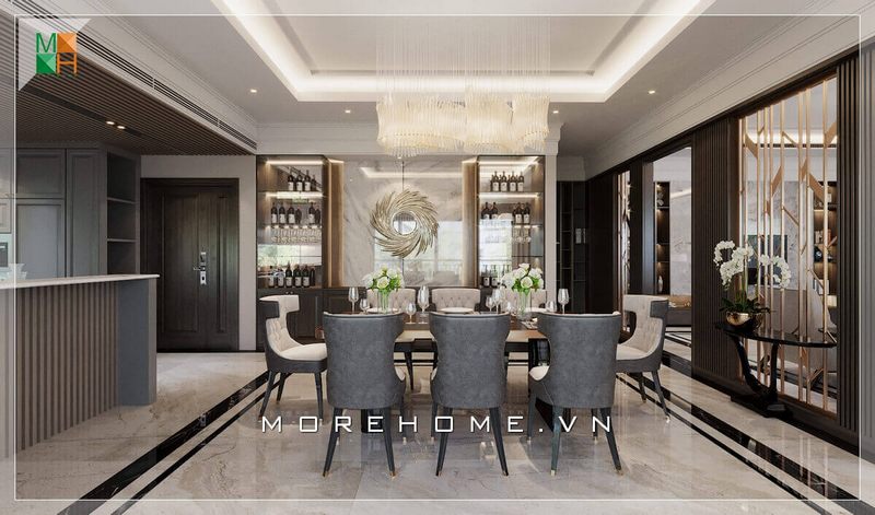 Mẫu thiết kế bàn ăn kèm 8 ghế sang trọng mang phong cách tân cổ điển cho biệt thự cao cấp