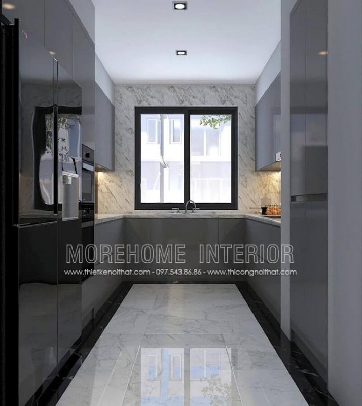 Bố trí phòng bếp với tủ bếp hình chữ U màu xám là một ý tưởng sử dụng tối đa diện tích và có thể lưu trữ những vật dụng phát sinh cần thiết trong sinh hoạt gia đình phù hợp với mọi không gian hiện đại từ chung cư, nhà phố, biệt thự.