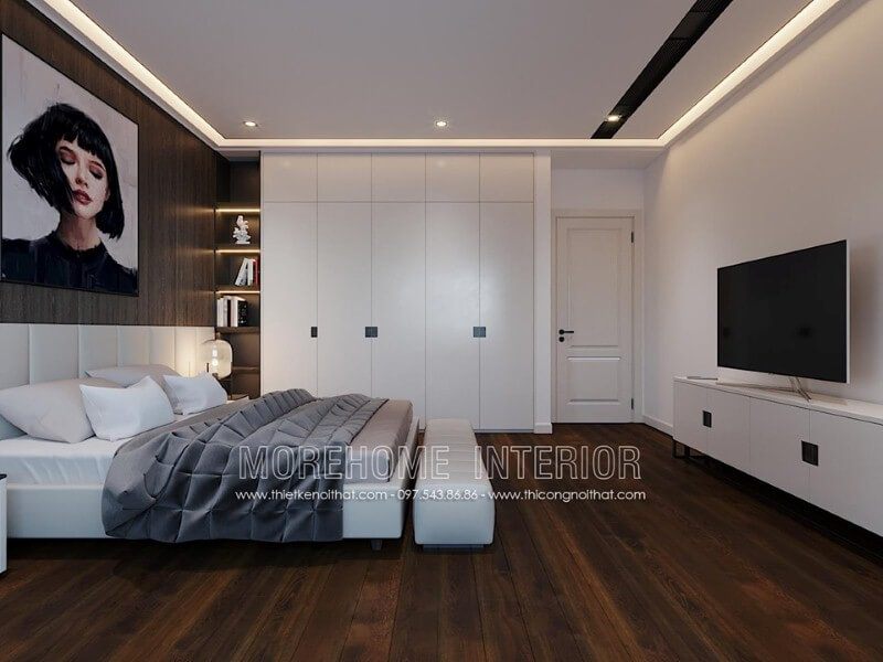 Tủ quần áo sơn trắng gỗ công nghiệp tạo nét đẹp sang trọng trong phòng ngủ hiện đại.