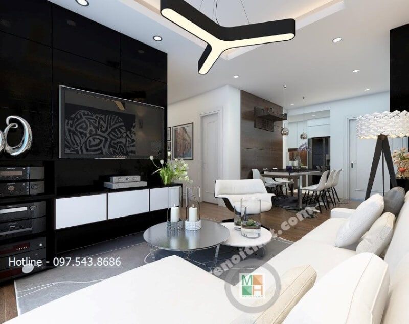 Một mẫu kệ ti vi hiện đại, được thiết kế bằng gỗ công nghiệp màu trắng và được treo tường, được thiết kế để giúp tiết kiệm tối đa diện tích trong không gian phòng khách nhỏ.