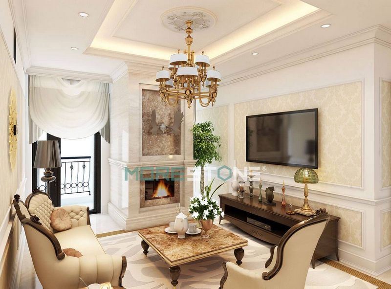 Sử dụng đá tự nhiên ốp vách lò sưởi theo phong cách tân cổ điển sang trọng để thiết kế phòng khách.