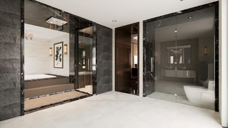 Tại Hải Phòng, chúng tôi thiết kế cho bạn một phòng tắm biệt thự đẹp với các đá ốp tường, tranh treo tường, và các phụ kiện trang trí.