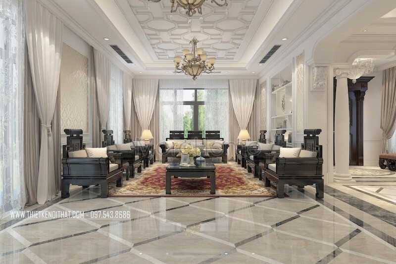 . Chọn 2 tone màu chủ đạo là trắng và đen cùng với sự sắp xếp hợp lí của đồ gỗ nội thất, không gian phòng khách sẽ trở nên sang trọng và đẳng cấp mà vẫn giữ được vẻ đẹp truyền thống của người Việt.