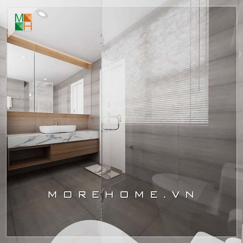 Nhà tắm và nhà vệ sinh được thiết kế thông minh với việc sử dụng vách kính cường lực trong suốt để ngăn cách, tạo nên một không gian sử dụng tiện nghi, sang trọng.