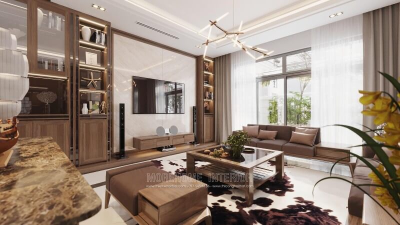 Nội thất phòng khách biệt thự cao cấp theo phong cách hiện đại được thiết kế.